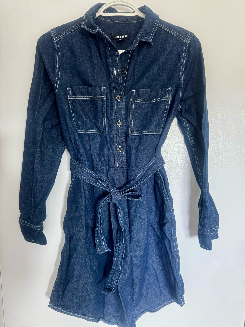 Long-Sleeve Dark Blue Denim Shirt Dress with Waist Tie